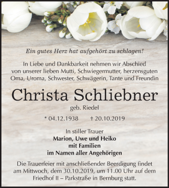 Traueranzeige von Christa Schliebner von Mitteldeutsche Zeitung Bernburg