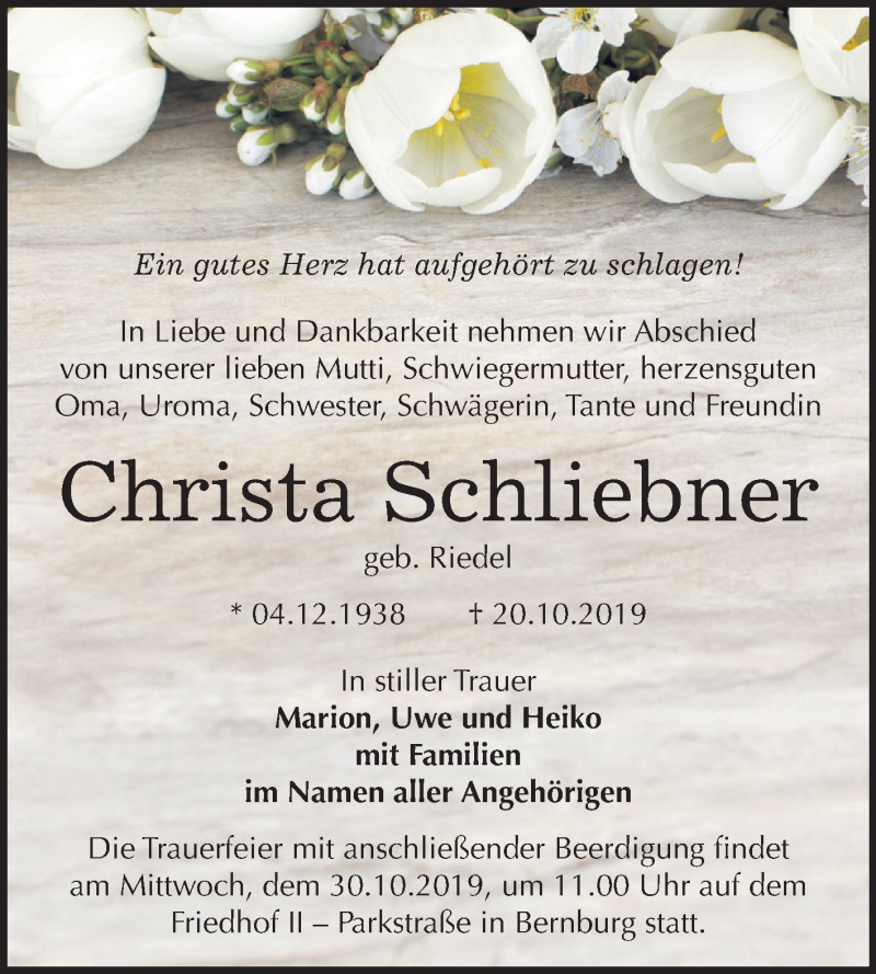  Traueranzeige für Christa Schliebner vom 26.10.2019 aus Super Sonntag Bernburg