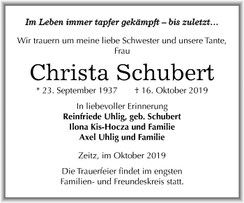 Traueranzeige von Christa Schubert von Mitteldeutsche Zeitung Zeitz