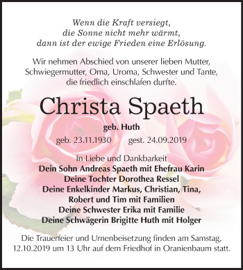 Traueranzeige von Christa Spaeth von Super Sonntag Wittenberg