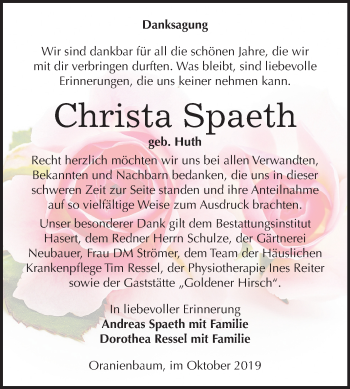 Traueranzeige von Christa Spaeth von Mitteldeutsche Zeitung Wittenberg