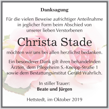 Traueranzeige von Christa Stade von Mitteldeutsche Zeitung Mansfelder Land