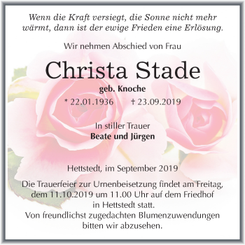 Traueranzeige von Christa Stade von Mitteldeutsche Zeitung Mansfelder Land
