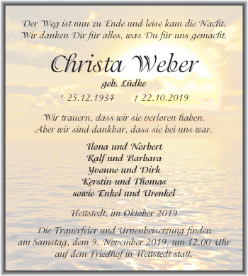 Traueranzeige von Christa Weber von Mitteldeutsche Zeitung Mansfelder Land