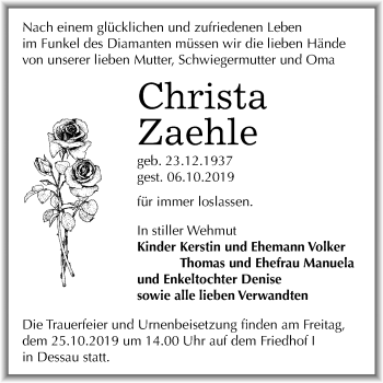Traueranzeige von Christa Zaehle von Super Sonntag Dessau-Roßlau