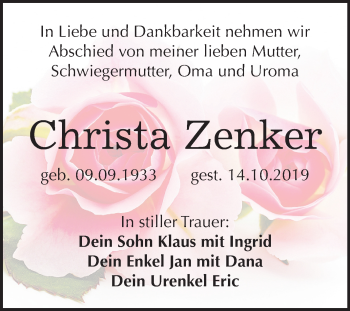Traueranzeige von Christa Zenker von Wochenspiegel Weißenfels