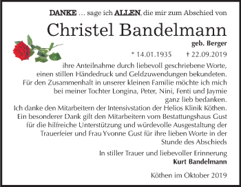 Traueranzeige von Christel Bandelmann von Mitteldeutsche Zeitung Köthen