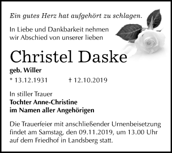 Traueranzeige von Christel Daske von Mitteldeutsche Zeitung Halle/Saalkreis