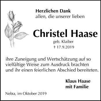Traueranzeige von Christel Haase von Wochenspiegel Naumburg/Nebra
