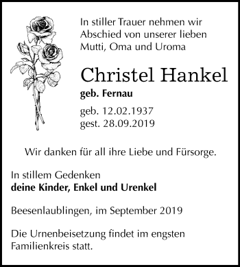Traueranzeige von Christel Hanke von Super Sonntag Bernburg