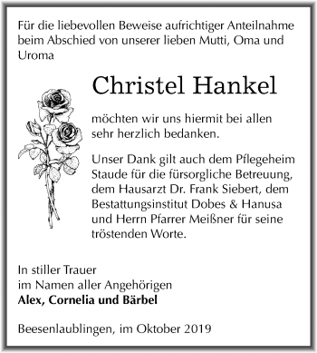 Traueranzeige von Christel Hankel von Mitteldeutsche Zeitung Bernburg