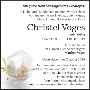 Traueranzeige von Christel Voges von Super Sonntag Mansfelder Land
