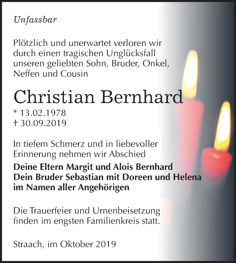  Traueranzeige für Christian Bernhard vom 12.10.2019 aus Super Sonntag Wittenberg