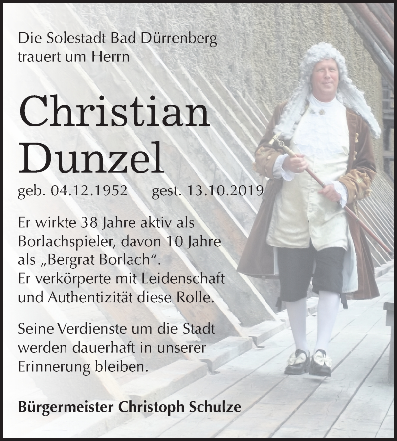  Traueranzeige für Christian Dunzel vom 19.10.2019 aus Mitteldeutsche Zeitung Merseburg/Querfurt