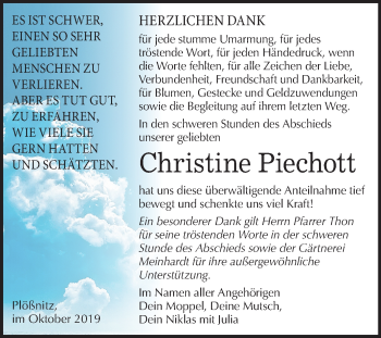 Traueranzeige von Christine Piechott von Mitteldeutsche Zeitung Halle/Saalkreis
