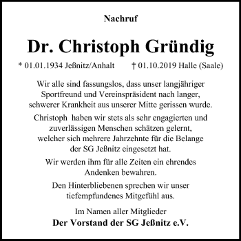 Traueranzeige von Christoph Gründig von Mitteldeutsche Zeitung Bitterfeld