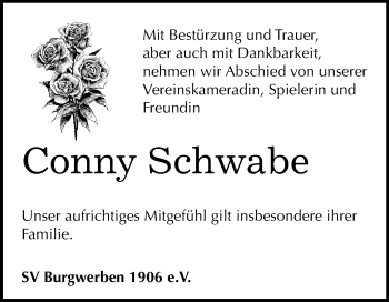 Traueranzeige von Conny Schwabe von Wochenspiegel Weißenfels