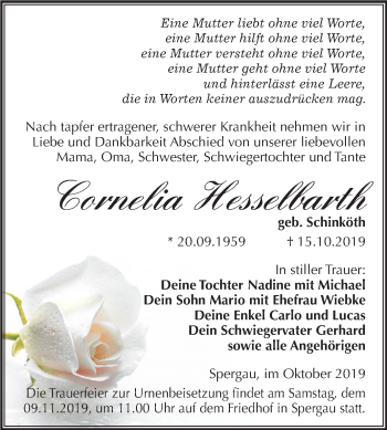 Traueranzeige von Cornelia Hesselbarth von Mitteldeutsche Zeitung Merseburg/Querfurt