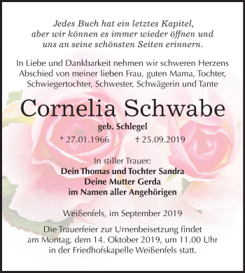Traueranzeige von Cornelia Schwabe von Mitteldeutsche Zeitung Weißenfels