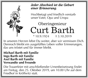 Traueranzeige von Curt Barth von Mitteldeutsche Zeitung Halle/Saalkreis