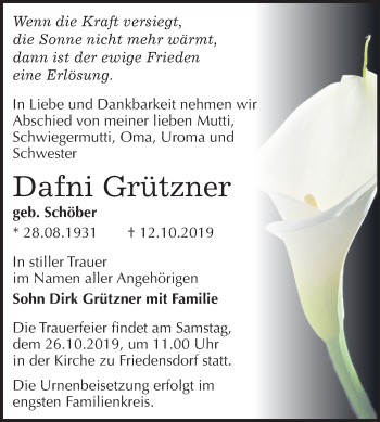 Traueranzeige von Dafni Grützner von Mitteldeutsche Zeitung Merseburg/Querfurt