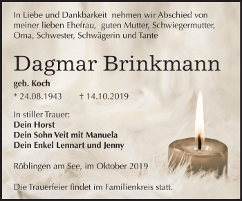 Traueranzeige von Dagmar Brinkmann von Mitteldeutsche Zeitung Mansfelder Land