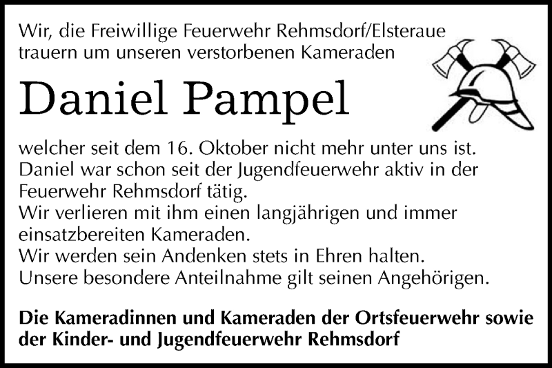  Traueranzeige für Daniel Pampel vom 26.10.2019 aus Mitteldeutsche Zeitung Zeitz