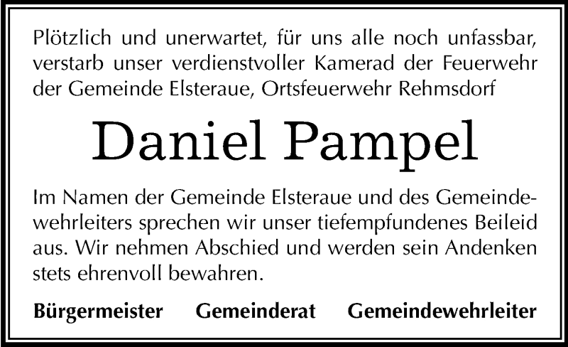  Traueranzeige für Daniel Pampel vom 26.10.2019 aus Super Sonntag Zeitz