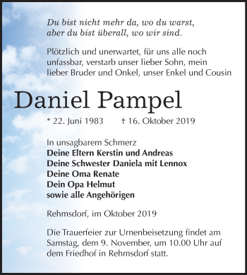 Traueranzeige von Daniel Pampel von Super Sonntag Zeitz