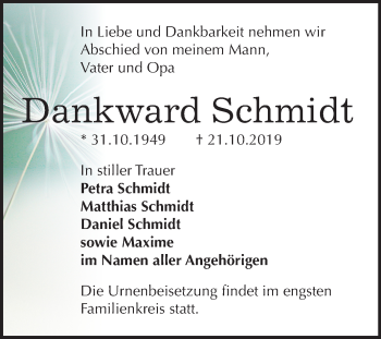 Traueranzeige von Dankward Schmidt von Mitteldeutsche Zeitung Naumburg/Nebra