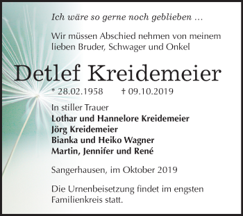 Traueranzeige von Detlef Kreidemeier von Mitteldeutsche Zeitung Sangerhausen