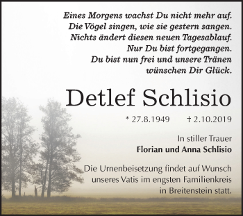 Traueranzeige von Detlef Schlisio von Mitteldeutsche Zeitung Sangerhausen