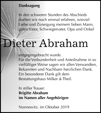 Traueranzeige von Dieter Abraham von Super Sonntag Zeitz