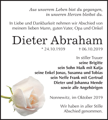 Traueranzeige von Dieter Abraham von Mitteldeutsche Zeitung Zeitz