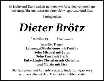 Traueranzeige von Dieter Brötz von Wochenspiegel Bitterfeld