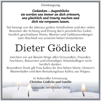 Traueranzeige von Dieter Gödicke von Wochenspiegel Mansfelder Land