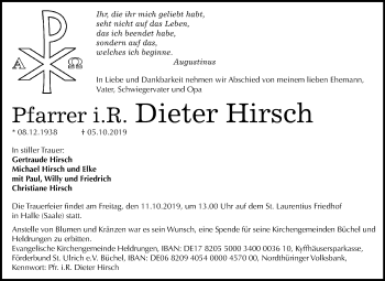 Traueranzeige von Dieter Hirsch von Mitteldeutsche Zeitung Halle/Saalkreis