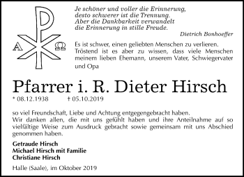 Traueranzeige von Dieter Hirsch von Mitteldeutsche Zeitung Halle/Saalkreis