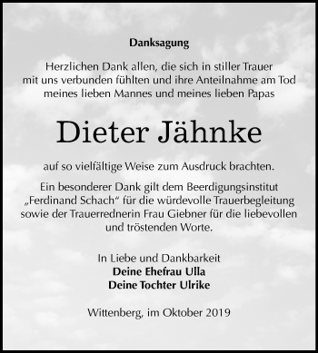 Traueranzeige von Dieter Jähnke von Mitteldeutsche Zeitung Wittenberg