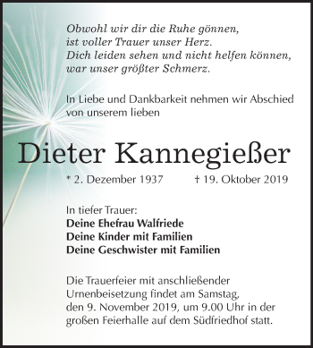 Traueranzeige von Dieter Kannegießer von Mitteldeutsche Zeitung Halle/Saalkreis