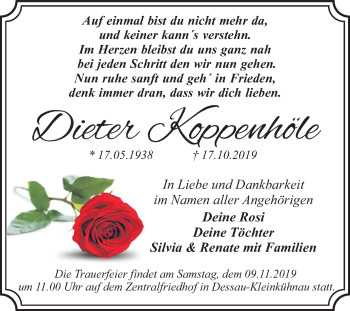 Traueranzeige von Dieter Koppenhöle von Mitteldeutsche Zeitung Dessau-Roßlau