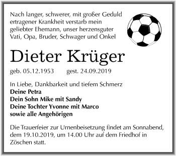 Traueranzeige von Dieter Krüger von Super Sonntag Merseburg/Querfurt