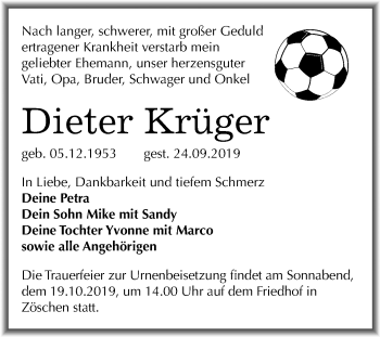 Traueranzeige von Dieter Krüger von Mitteldeutsche Zeitung Merseburg/Querfurt