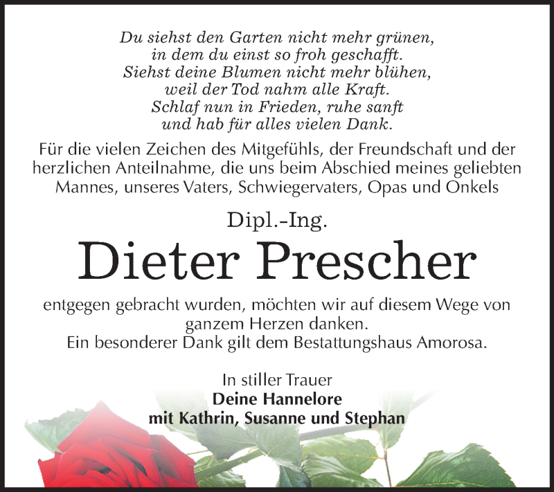  Traueranzeige für Dieter Prescher vom 12.10.2019 aus Super Sonntag Dessau-Roßlau