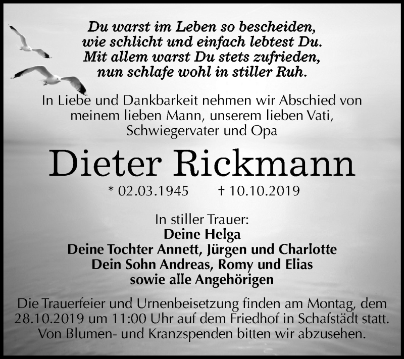  Traueranzeige für Dieter Rickmann vom 19.10.2019 aus Super Sonntag Merseburg/Querfurt