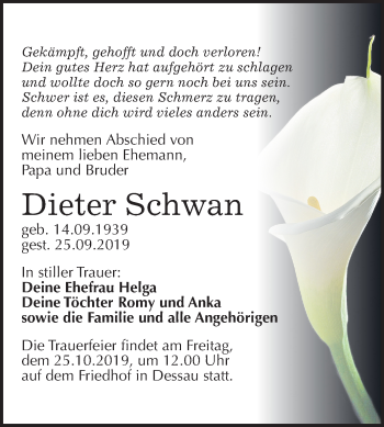 Traueranzeige von Dieter Schwan von Super Sonntag Dessau-Roßlau