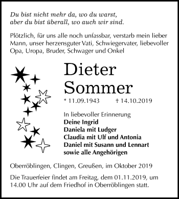 Traueranzeige von Dieter Sommer von Mitteldeutsche Zeitung Sangerhausen