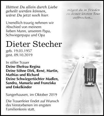 Traueranzeige von Dieter Stecher von Super Sonntag Sangerhausen