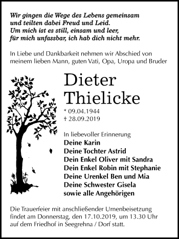 Traueranzeige von Dieter Thielicke von Super Sonntag Wittenberg