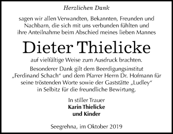 Traueranzeige von Dieter Thielicke von Mitteldeutsche Zeitung Wittenberg